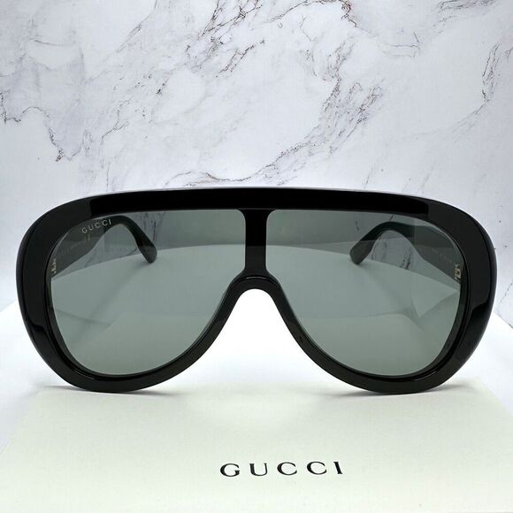 Gucci Black Sunglasses Oversized Aviator Mask Shield Gold Metal Logo Authentic - Picture 7 of 16